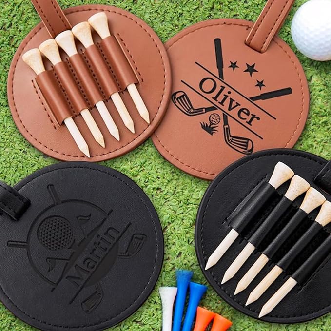 Custom Leather Golf Tee Holder Personalized Photo Logo Pattern Customized Split Name Golf Bag Tag Organizer Tees Cover, Accessories Gift for Golfers Men Women Father Dad Grandpa Uncle, Birthday