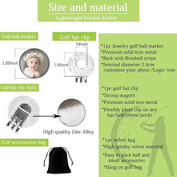 xrlsg Custom Golf Ball Marker and Hat Clip 1 Set, Magnetic Hat Clip with Your Personalized Photo Logo for Golfers, Boyfriend