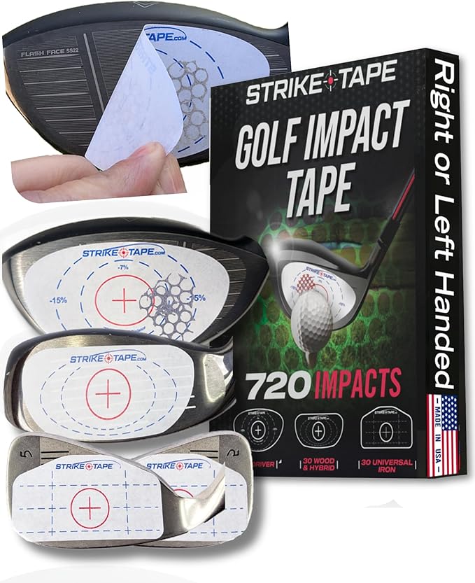Strike tape golf impact tape Rght/Left hand USA Mfg. 720 impacts, Driver/Irons/Hybrids. Absolute clean-release adhesive for no harmful residue on clubface. Know your ball contact and improve your game