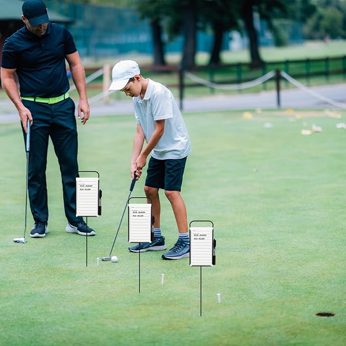4 Pcs Closest to The Pin Marker - Golf Metal Proximity Marker with 50 Sheets Cards and 4 Pens, Stainless Steel Golf Marker Golf Signs for Long Drive Putting Competition