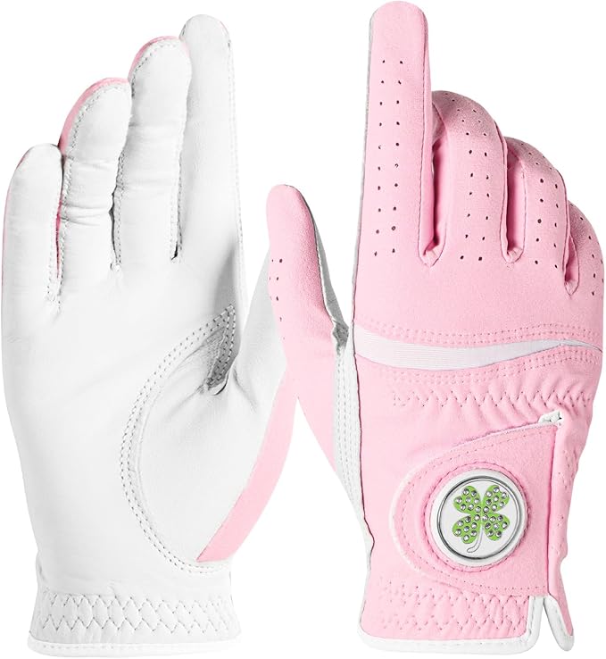 Womens Golf Glove with Clover Ball Marker 1 Pack, All Weather Grip Microfiber & Leather Gloves for Ladies, Comfortable Breathable Fit for Left Hand or Right Hand in White Pink