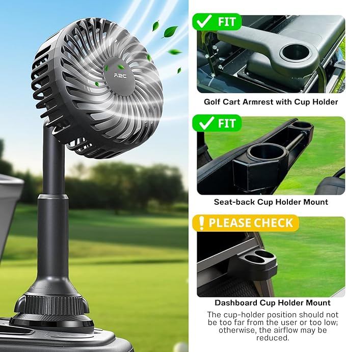 A2C Golf Cart Fan Rechargeable, Cup Holder Base Battery Operated Cooling Fan, 3 Speeds Powerful Airflow Compatible with EZGO, Club Car, Yamaha, 360° Rotatable Golf Cart Accessories