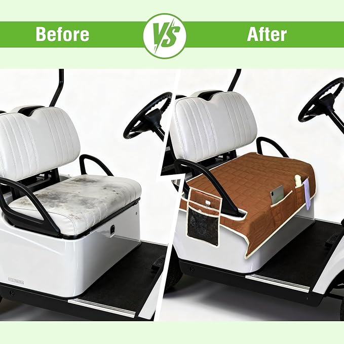 Golf Cart Seat Cover, Universal Bench Seat Cover with Storage Pockets, Non-Slip Seat Protector for Golf Cart, Fits EZGO Club Car Yamaha, Easy Install