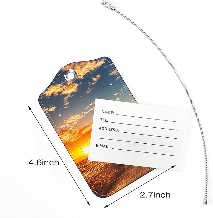 2 Pack Luggage Tags for Suitcase,Sunrise on a Island PU Leather Luggage Tags with Privacy Cover Name Address Labels and Steel Ring,Creative Travel Accessories for Men and Women