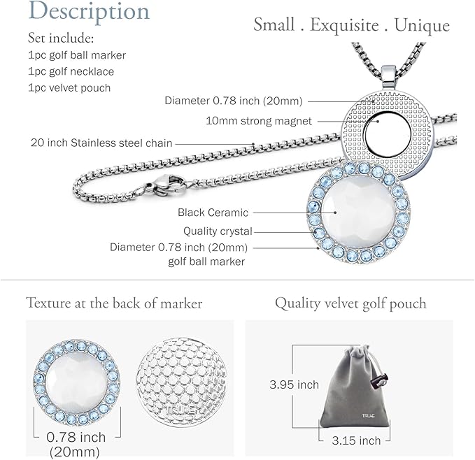 Golf Ball Marker with Ceramic Crystal Ball Marker Necklace (20mm Small Size) Gifts Accessories Women Golfers