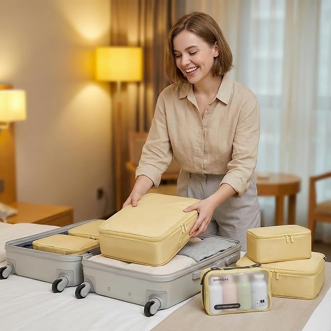 6 Set Compression Packing Cubes for Travel, Large Medium Small Luggage Organizers, Storage Bags for Clothes and Essentials (6 Pack, Bright Yellow)