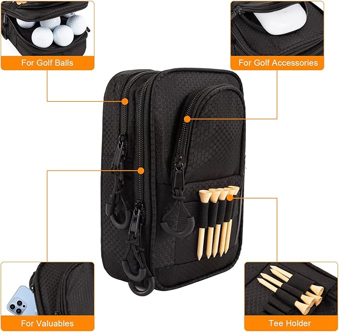 Golf Valuables Pouch & Golfs ball bag organizer with 3 Zippered Pockets,Golf Accessories for Men,Portable Multi Layer Golfs Storage Bags,Carabiner Clip – Store 12-15 Balls,Male and Female Player Gifts