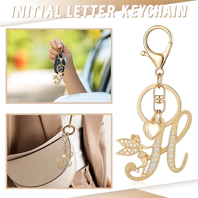Gold Plated Alphabet Initial Letter Keyring Keychain for Women Girls Crystal Key Chains for Wallet Backpack Bag Charm