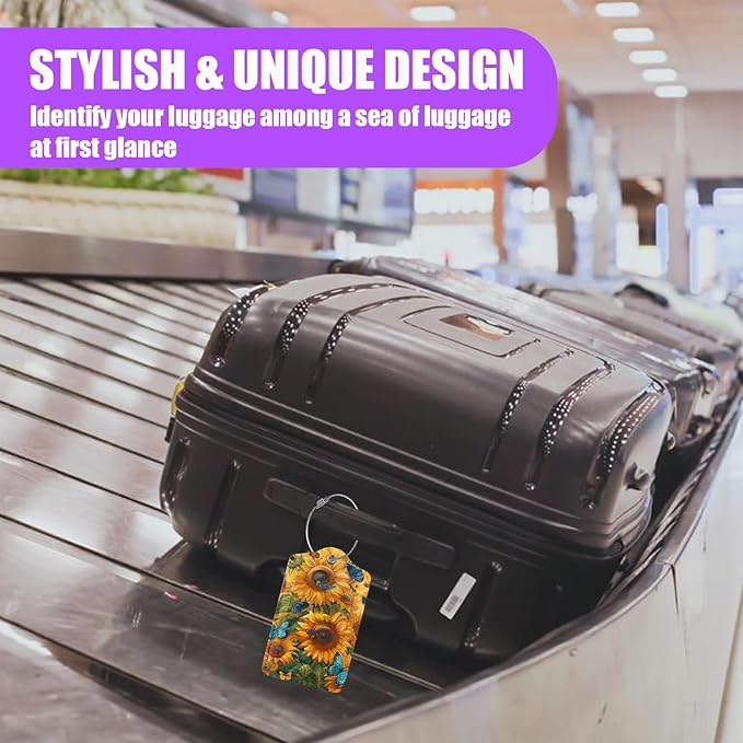 3 Pack Vintage Sunflowers Butterfly Luggage Tags for Suitcase PU Leather Travel Luggage Tag Privacy Cover ID Label for Women Men Baggage Backpack Handbag School Bag