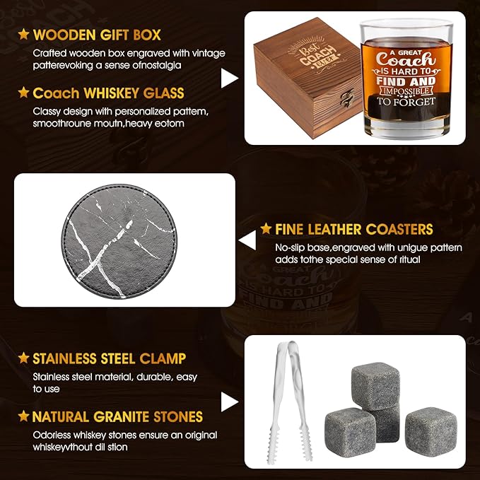 Whiskey Glass Gifts for Coaches, Best Coach Gift for Men, Thank You Gifts for Coaches with 12oz Whiskey Glasses, Stones, Coaster, Wooden Box for Baseball, Softball, Soccer, Basketball Coach
