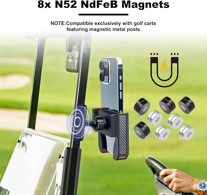 Golf Cart Phone Holder, Universal Phone Mount for Golf Carts, Quick 1s Lock & Release, Fits iPhone Samsung Android, Clamp-On Holder for Yamaha Club Car EZGO, Durable Golf Cart Accessories