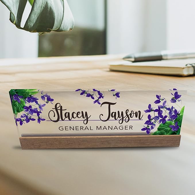 Artblox Personalized Office Desk Name Plate and Business Card Holder | Clear Acrylic Glass with Teak Wood Stand | Violets Flowers Design Customized with Your Name and Credentials Office Desk Décor