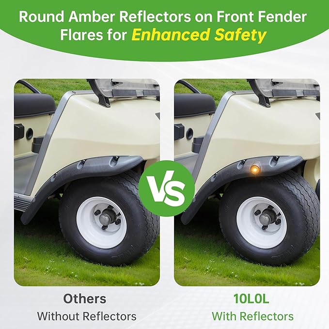 10L0L 4PCS Golf Cart Fender Flares for Yamaha G29, EZGO TXT/RXV, Club Car DS/Precedent - Heavy Duty ABS Plastic Mud Guards with Reflectors & Stainless Steel Hardware