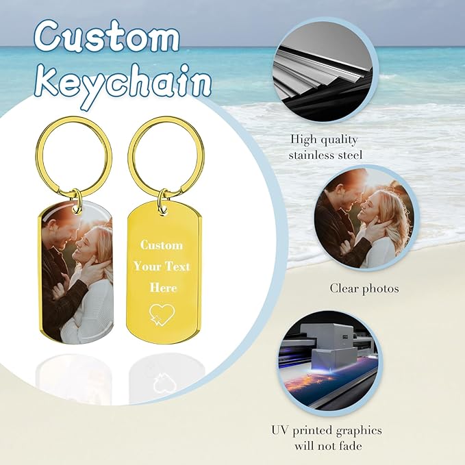 Personalized Custom Keychain with Picture - Double Sided Engraving Photo Text Customized Key Chains for Men Boyfriend