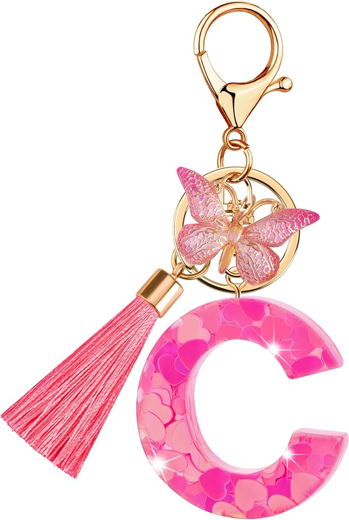 Suweibuke Colourful Cute Initial Letter Keychains for Women Girls with Tassel Butterfly, Charm for Purse Handbags Backpacks