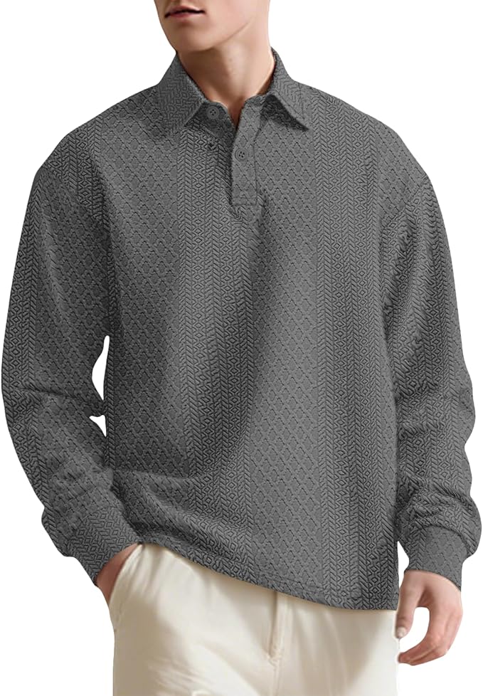 Stylish Polo Shirts for Men Textured Button Down Mock Neck Casual Tops Comfy Solid Color Long Sleeve Golf Pullover