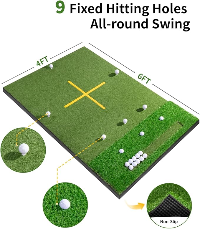 5.2x4ft & 6x4ft 21mm-45mm Dual-Turf Golf Mat with Ball Tray, Thickened Golf Hitting Mat with 9 Hitting Holes, Alignment Aid Practice Mat for Hitting, Driving Chipping, Swinging, Gifts for Men/Dad/Him