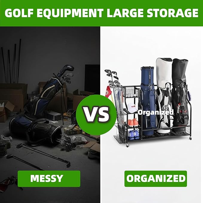 4-in-1 Golf Bag Storage Organizer,Extra Large Capacity Golf Storage Rack Holder for Garage & Basement, Heavy Duty Golf Club Storage Stand Holds Golf Bags, Clubs, Balls & Golf Equipment Accessories