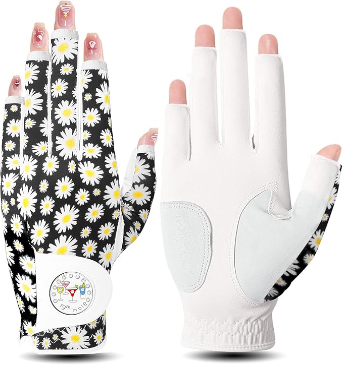 FINGER TEN Stylish Golf Gloves Women with Ball Marker 1 Pack for Left or Right Hand, Breathable Glove with Fashion Patterns for Ladies Right Left Handed Golfer