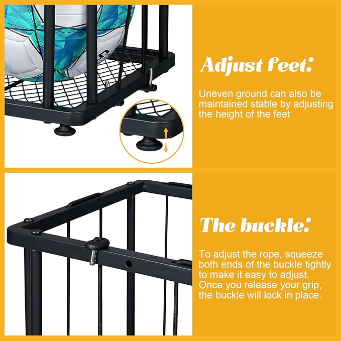 Garage Ball Storage Wall-Mounted & Floor Sports Equipment Organizer: Sports Ball Rack with Elastic Rope, Holder for Basketball, Soccer, Volleyball, Football, Garage, Gym, Black(Patent Pending)