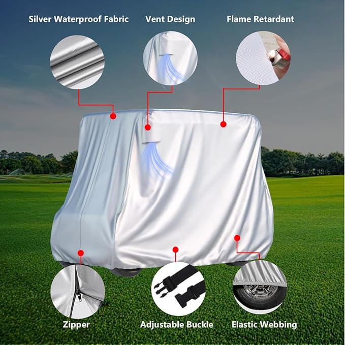 2/4 Passenger Golf Cart Cover for Yamaha EZGO Club Car, 420T Waterproof Polyester with Silver Coating,Waterproof,Dustproof,Windproof,Sunproof，All-Weather Protection (95-48-73-sliver)