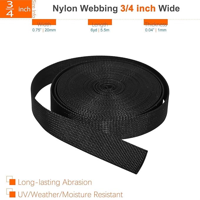 3/4" Straps and Buckles Set: 6 yard Nylon Webbing 0.75 inch (20 mm) Wide, 6 pack Side Release Buckle, 12 pcs Tri-Glide Sliders, Plastic Clips Quick Fasteners Replacement Dual Adjustable No Sewing