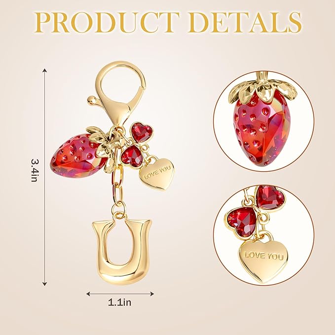 Snycler Bubble Initial Keychain with Strawberry & Bow- Gold Letter Bag Charms for Women, Cute Purse Handbag Accessories
