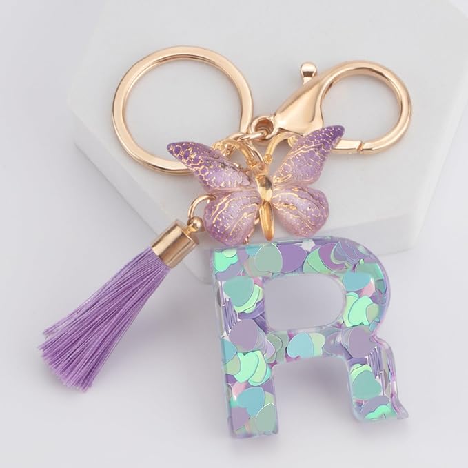 Suweibuke Colourful Cute Initial Letter Keychains for Women Girls with Tassel Butterfly, Charm for Purse Handbags Backpacks