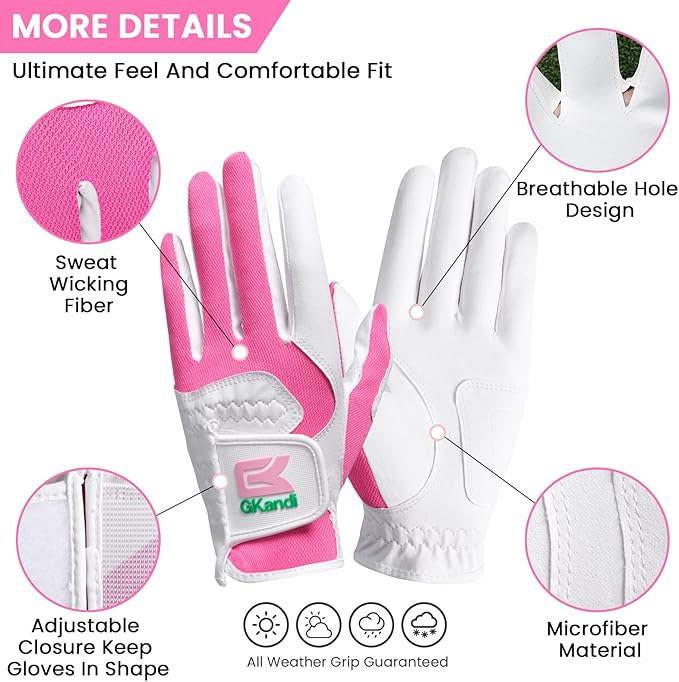 Golf Gloves Women Left Right Handed Golfer Rain Grip Hot Wet All Weather 2 Pack or 1 Pair, Womens Golf Glove Breathable Flexible Mesh for Ladies in Pink White