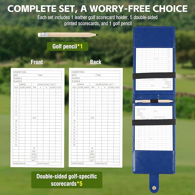 Archerest Magnetic Golf Scorecard Holder, 7.48" x 4.33" Premium Leather Yardage Book Cover Golf with A Pencil and Five Double Sided Printed Scorecards, Golf Accessories and Scorecard Book