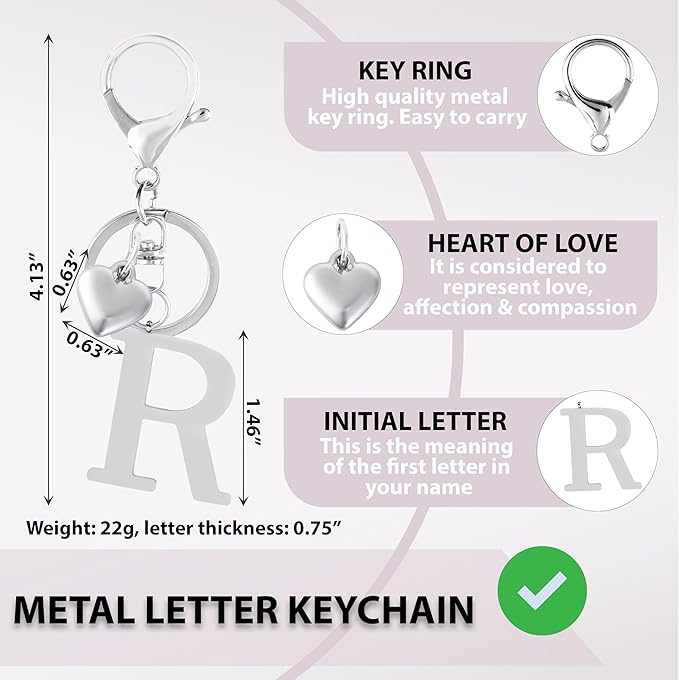 Metal Heart Alphabet Keychain for Women, Girls - Cute Initial Letter Accessories for Purse, Bag Charms and Backpack