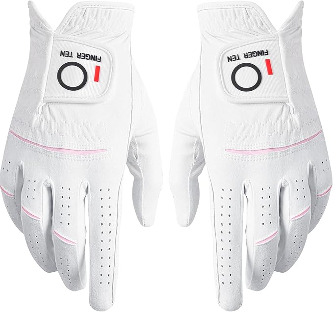FINGER TEN Womens Ladies Golf Gloves Pair Both Hand or 2 Pack Left Right Hand, All Weather Grip & Comfortable Glove for Serious Performance, Stylish Pink White Fit S M L XL