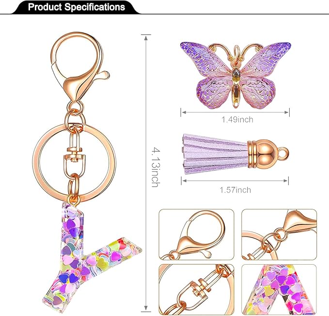 JINGUAZI Initial letter Keychains for Women Tassel Butterfly Pink Purple Cute Car Keychain for Wallet Backpack bag charm