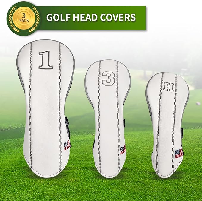 Golf Club Head Covers - Driver, Fairway #3#5, Hybrid Headgear - USA Flag Design - PU Leather - 3 Piece Set for Men and Women