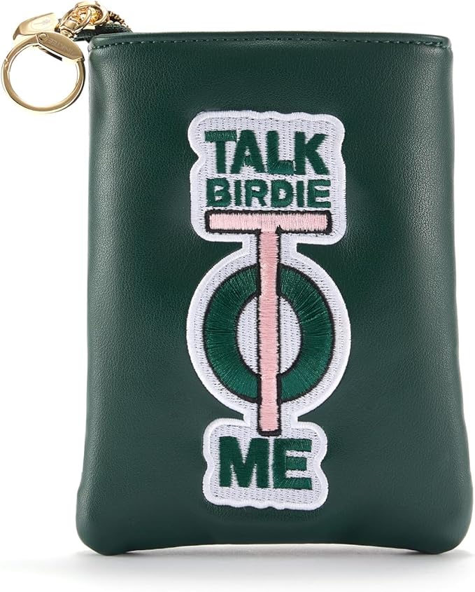 PINKTEE Golf Valuables Pouch Funny Golf Accessories Bag with Zipper Master Green Premiun Leather Golf Tee/Ball Pouch for Women Men (TALK BIRDIE TO ME, White stripe)