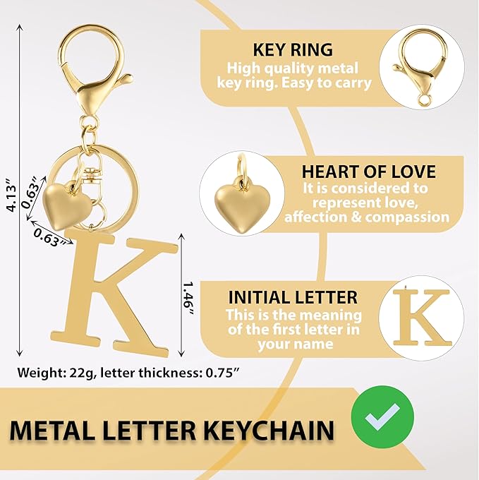 Metal Heart Alphabet Keychain for Women, Girls - Cute Initial Letter Accessories for Purse, Bag Charms and Backpack