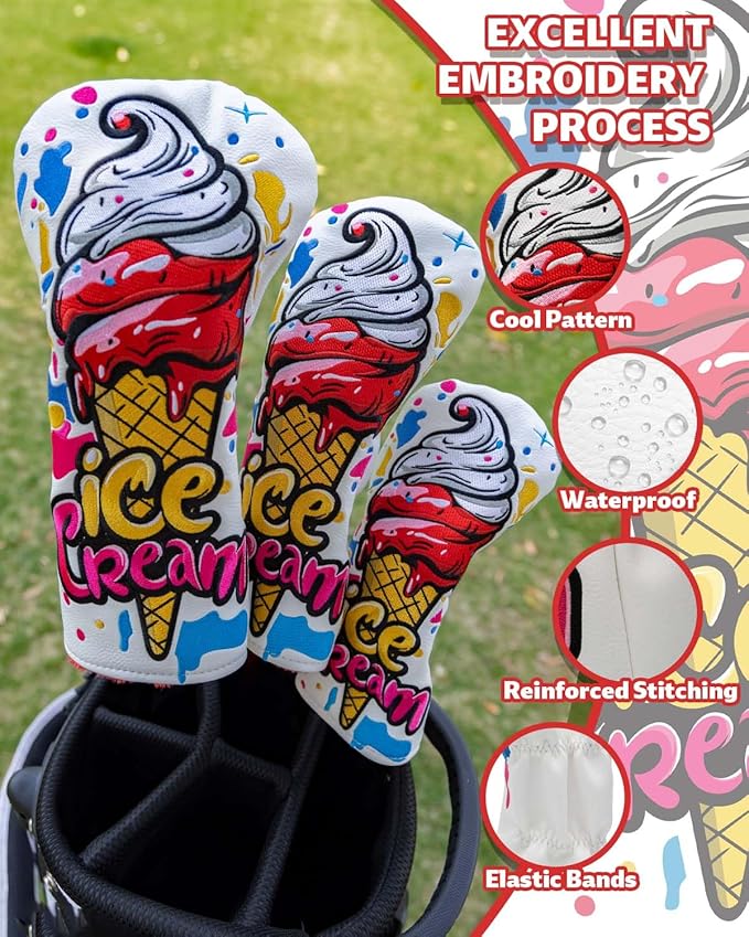 Golf Club Head Covers, Ice Cream Golf Headcovers for Drivers, Fairway Woods, Hybrids, Mallet Blade Putter Cover, Funny Golf Club Covers with Premium PU Leather and Advanced Embroidery for Most Brands