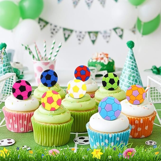Honeydak 48 Pcs Soccer Sport Cupcake Rings Toppers Decoration Sport Ball Theme Cupcake Picks Cake Decoration for Baby Shower Birthday Party Cake Supplies