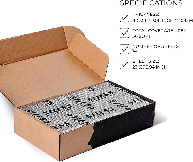 Siless 80 mil (2mm) 36 sqft (3.4 sqm) Car Sound Deadening mat - Butyl Automotive Sound Deadener - Noise Insulation and Vibration Dampening Material (36 sqft)