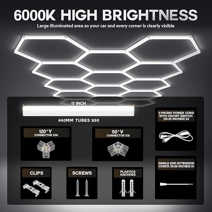 58Lights LED Hexagon Honeycomb Lights,14-Hex Honeycomb Lights 68800Lumens Hexagon DIY Super Bright Car Detailing Ceiling 688W LED Shop Light for Warehouse Workshop Gym Basement