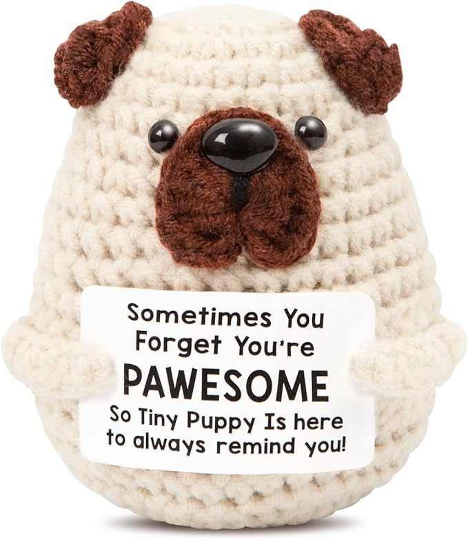 Mini Positive Crochet Dog，Funny Emotional Support Crochet Stuffed Gifts Cute Crochet Animals with Positive Messages Emotional Support Crochet Animals Handmade Crochet Puppy Inspirational Crochet Gift