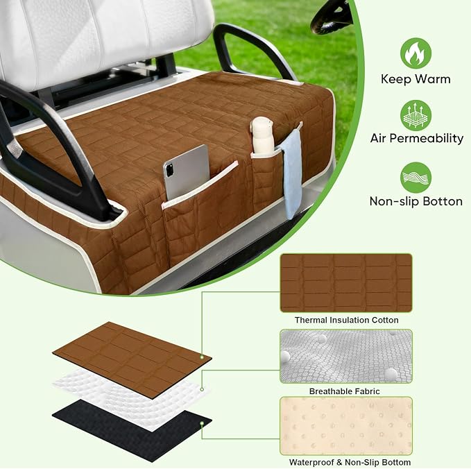 Golf Cart Seat Cover, Universal Bench Seat Cover with Storage Pockets, Non-Slip Seat Protector for Golf Cart, Fits EZGO Club Car Yamaha, Easy Install