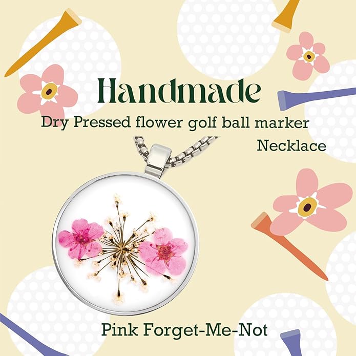 Golf Ball Marker necklace with ball marker, handmade pressed flower golf marker,Gifts Accessories Women Golfers