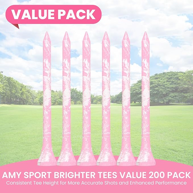Amy Sport Golf Tees Styllish Bamboo Wooden Coloured Painted Bulk 200 Pack 1 1/2 3 1/4 2 3/4 Inch Tee, Enhanced Visibility Color Purple Pink Green Blue, Practice for Men Women