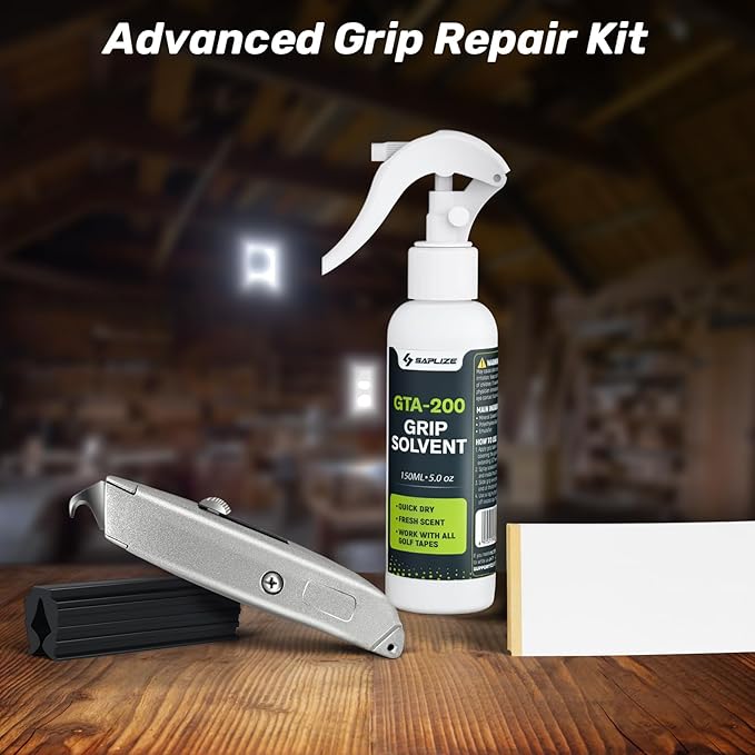 SAPLIZE Pro Golf Grip Repair Kit – Includes 5oz GTA-200 Golf Grip Solvent, 15 Golf Grip Tape,Retractable Hook Blade and Rubber Vise Clamp for Regripping Golf Club Grips