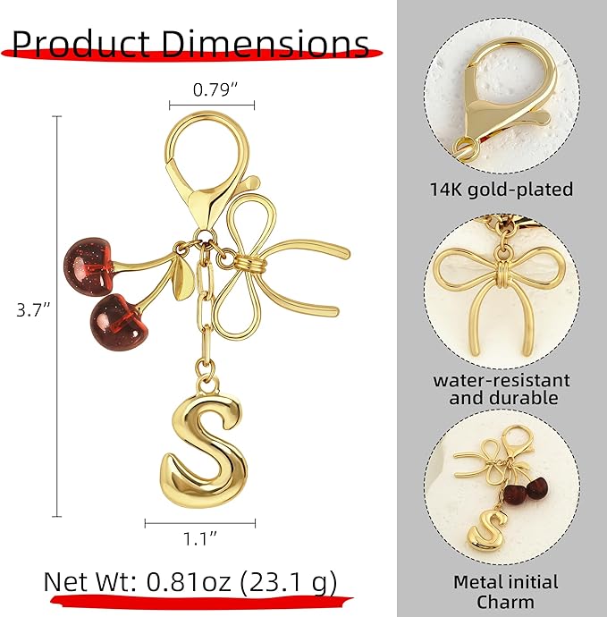 Gold Bubble Heart, Cherry, Bow & More Designs Letter Initial Keychain Bag Charms – Cute Purse Charms for Handbags