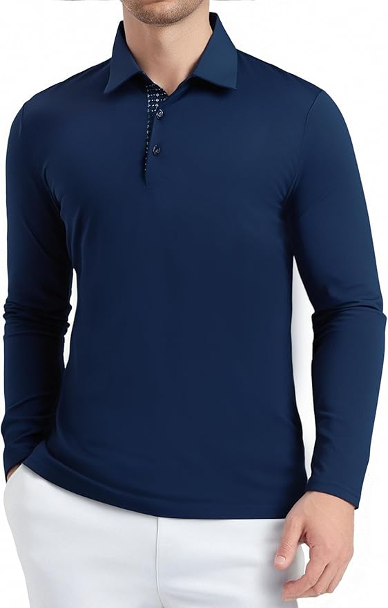 Alex Vando Mens Golf Shirt Moisture Wicking Quick-Dry Solid Long Sleeve Polo Shirts for Men