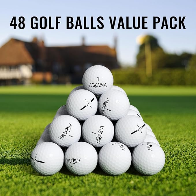 Honma 48-Pack Bulk Golf Balls, Maximum Distance & Low-Spin Straight Flight with Durable Cover, Ideal for Beginners and Everyday Players