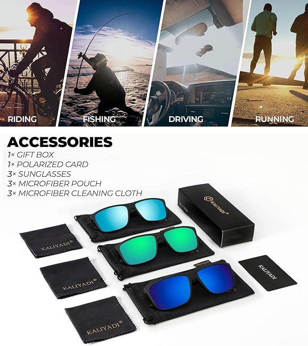KALIYADI Polarized Sunglasses for Men and Women, Mens Sun Glasses with UV Protection for Driving Fishing Golf (3 Packs)