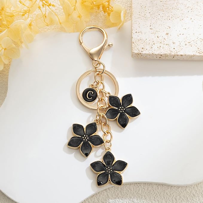 XGALBLA White/Pink/Black Big Cute Flower Initial Letter Keychain for Women, Flower Bag Charms Enameled Keychain Handbag Purse